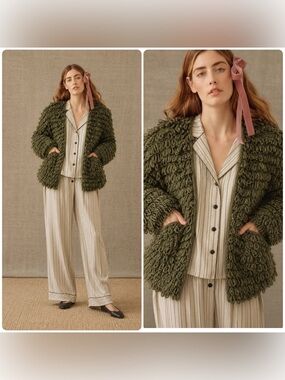 New! THE GREAT. Monster Short Sweater Olive Green Textured Cardigan 🌿 XS/S